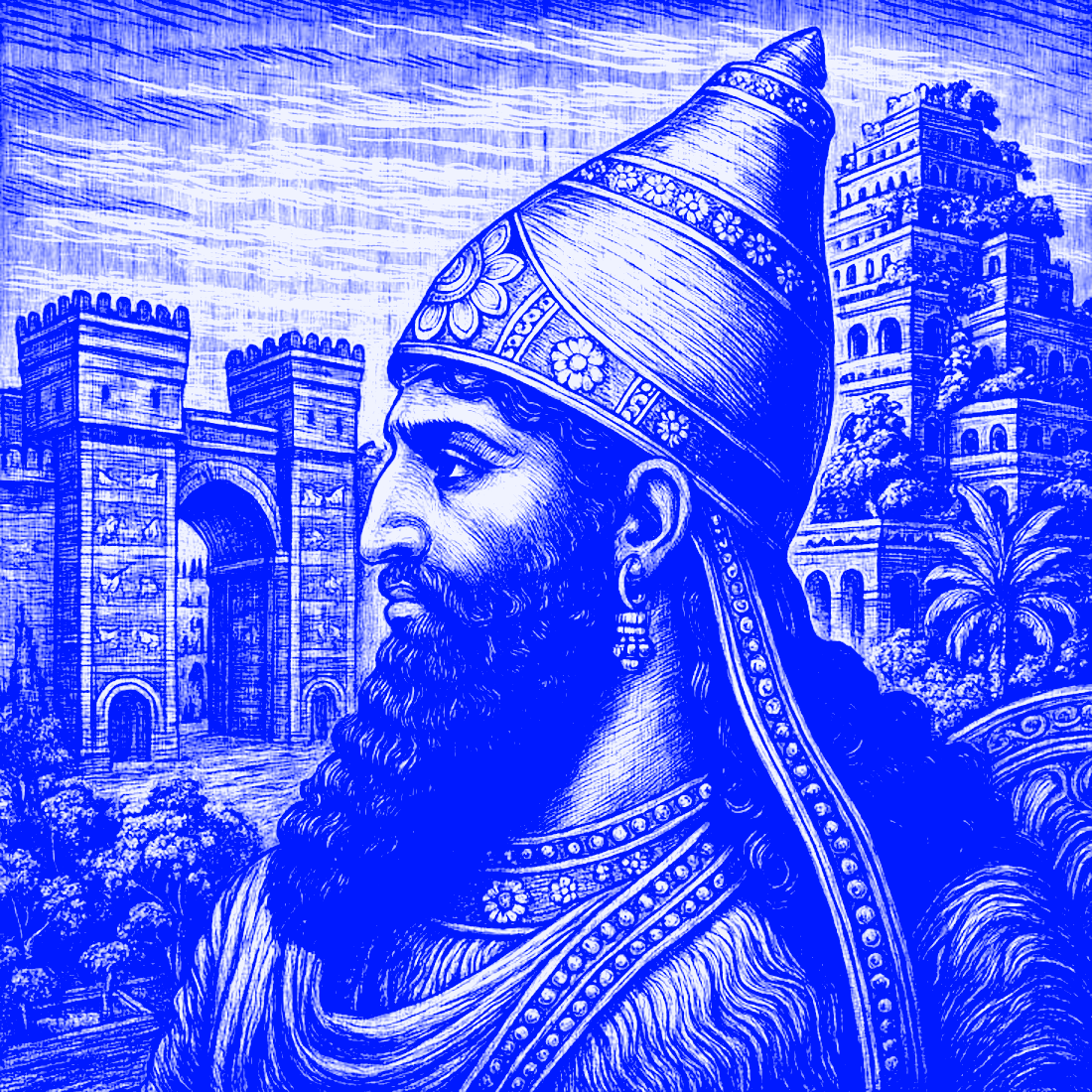 Engraving of an Achaemenid king before a walled city, in blue duotone