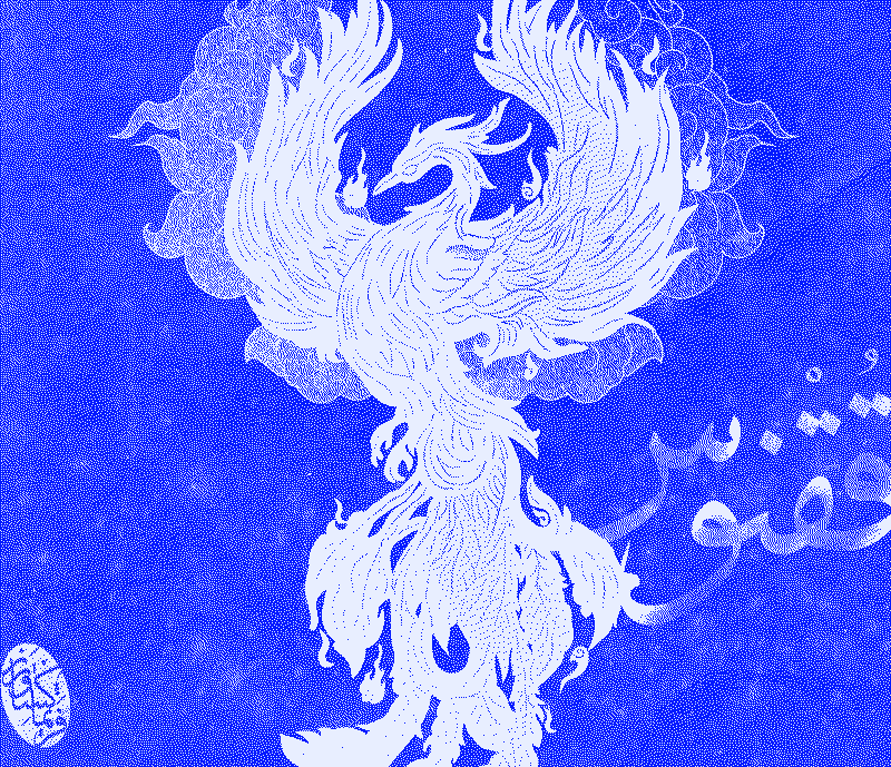 Ghoghnous, the Persian phoenix, dithered in blue