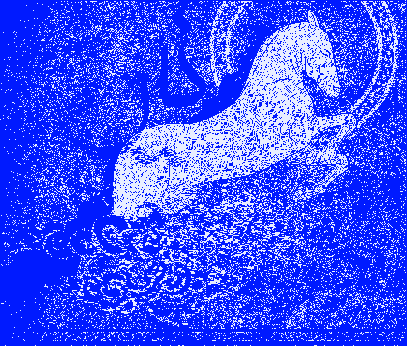 Tishtrya, the rain-bringing white horse, dithered in blue
